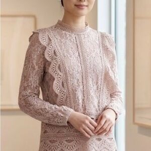 Adiva lace ruffle sheer blouse long sleeve mock neck, Victorian, beige, tan, lg